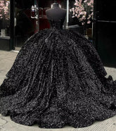 Sparkly Black Sequin Quinceanera 15 Dresses Beaded Strapless with Bow - MyChicDress